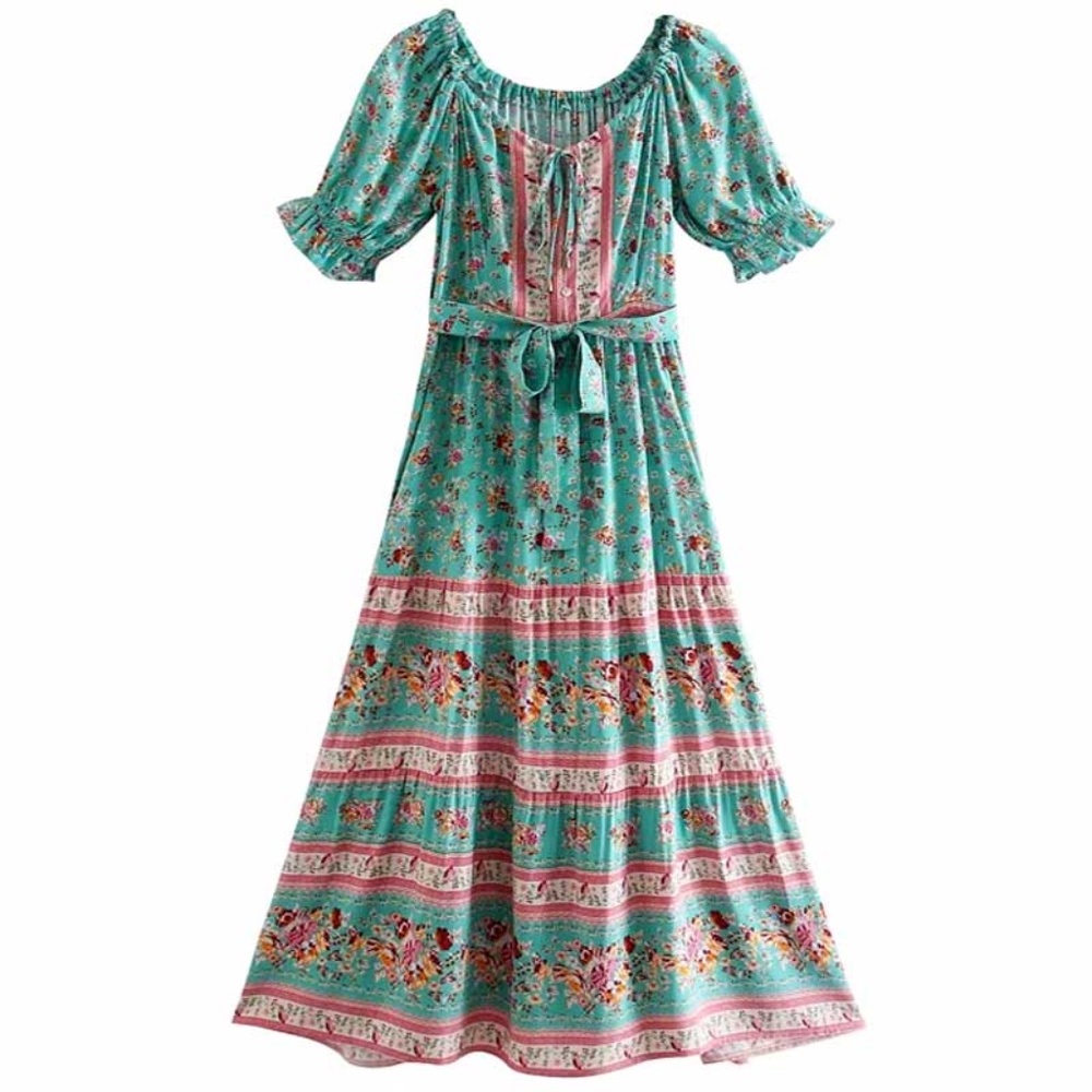 Boho Pink Floral Print Off Shoulder Midi Dress - Picture 12 of 14
